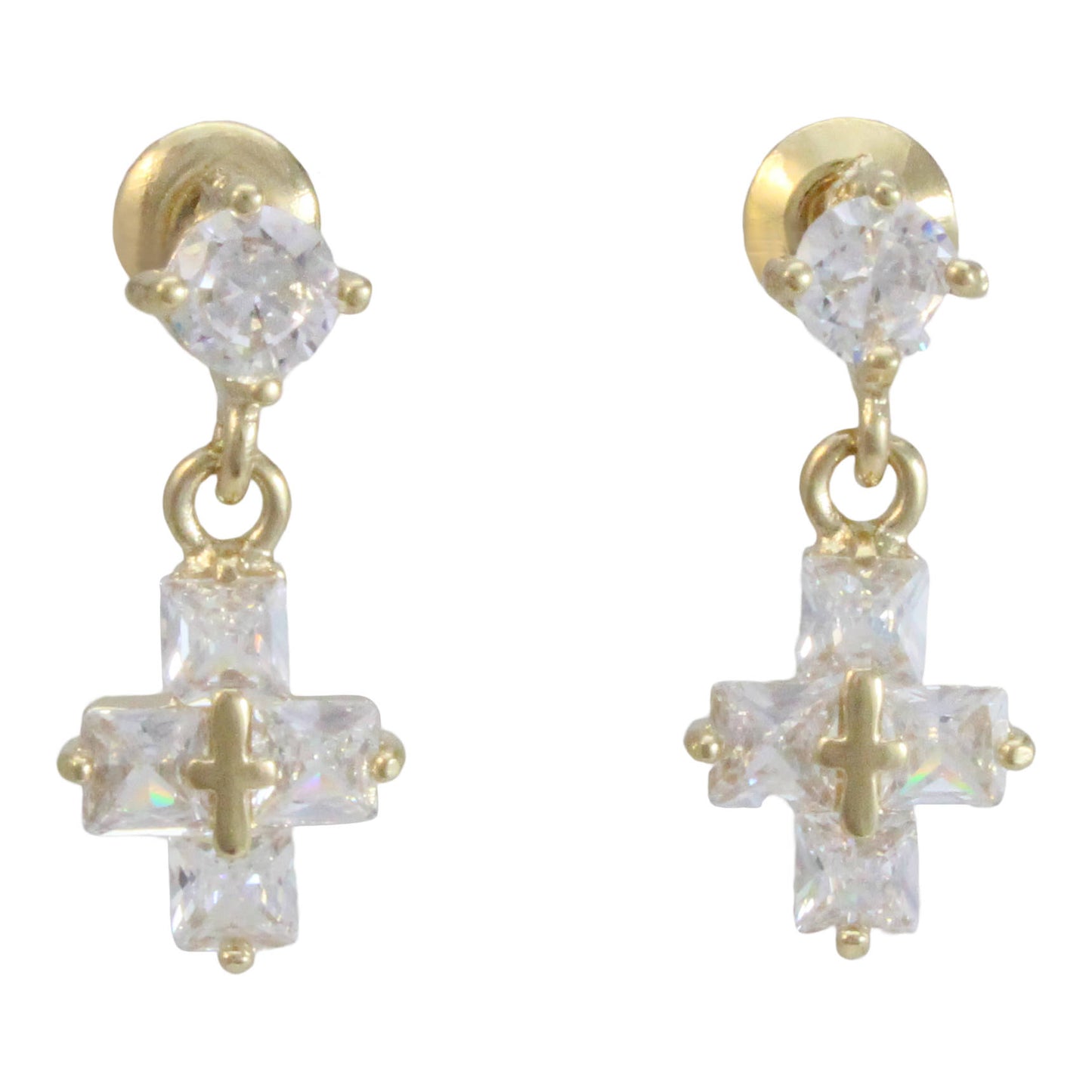 Aretes cruz en chapa de oro 14K y cristal de zircon