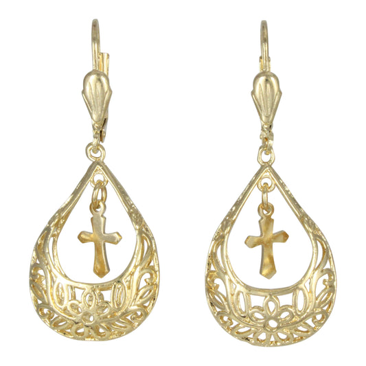 Aretes arracada con cruz en chapa de oro 14K