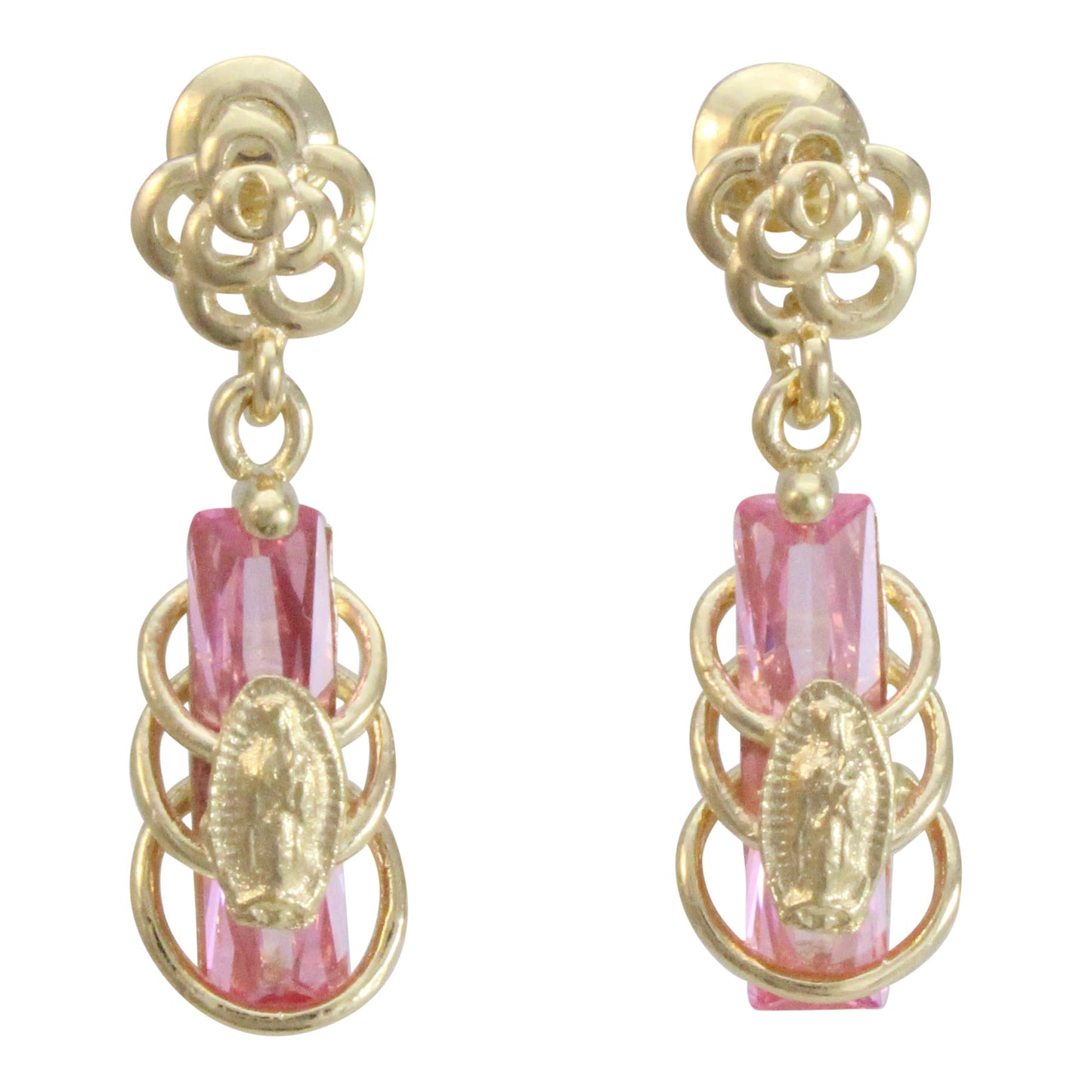 Aretes Virgen de Guadalupe de chapa de oro 14K