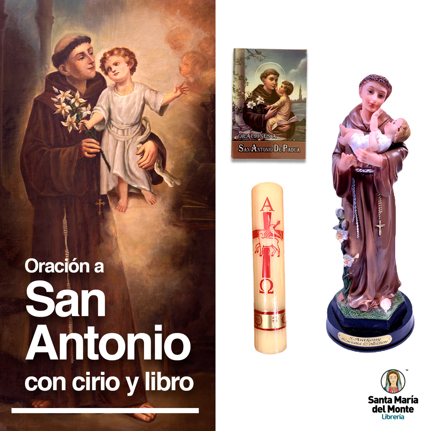 Oración a San Antonio con Cirio, imagen y libro