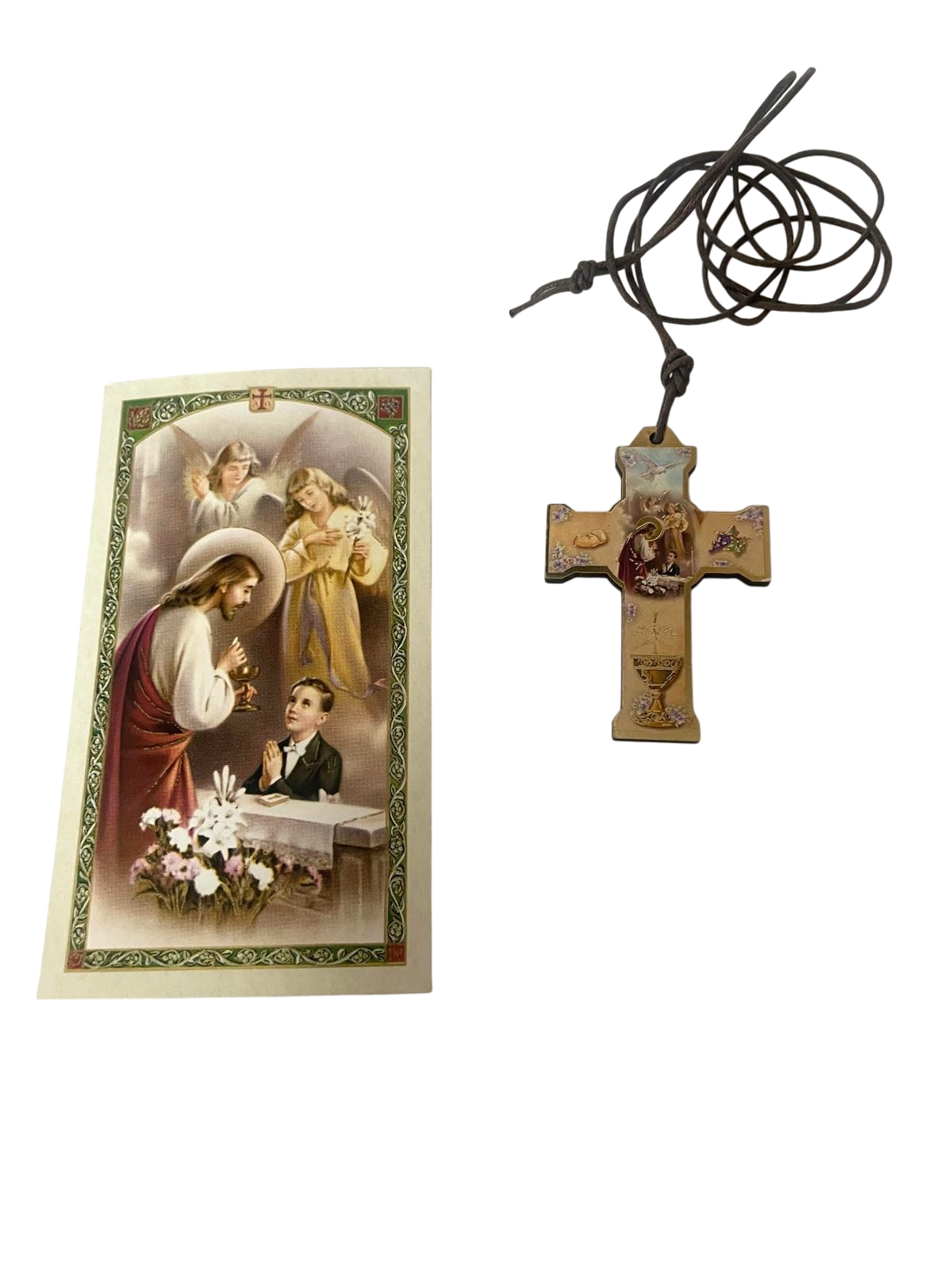 Estampa de oración con collar de comunión para niño