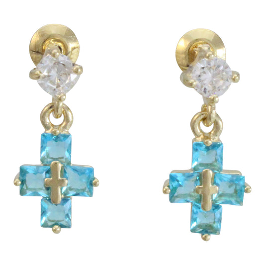Aretes cruz en chapa de oro 14K y cristal de zircon