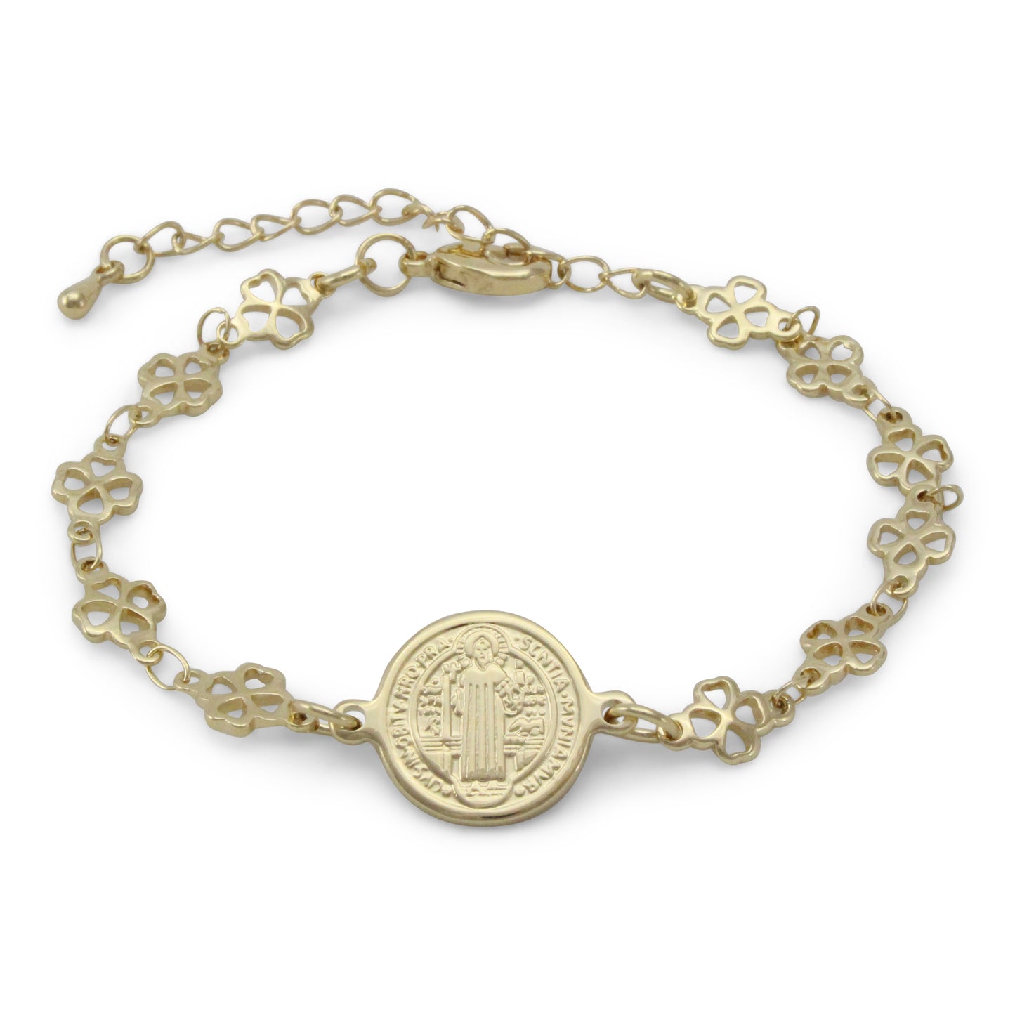 Pulsera trébol con medalla de San Benito, chapa de oro 14K