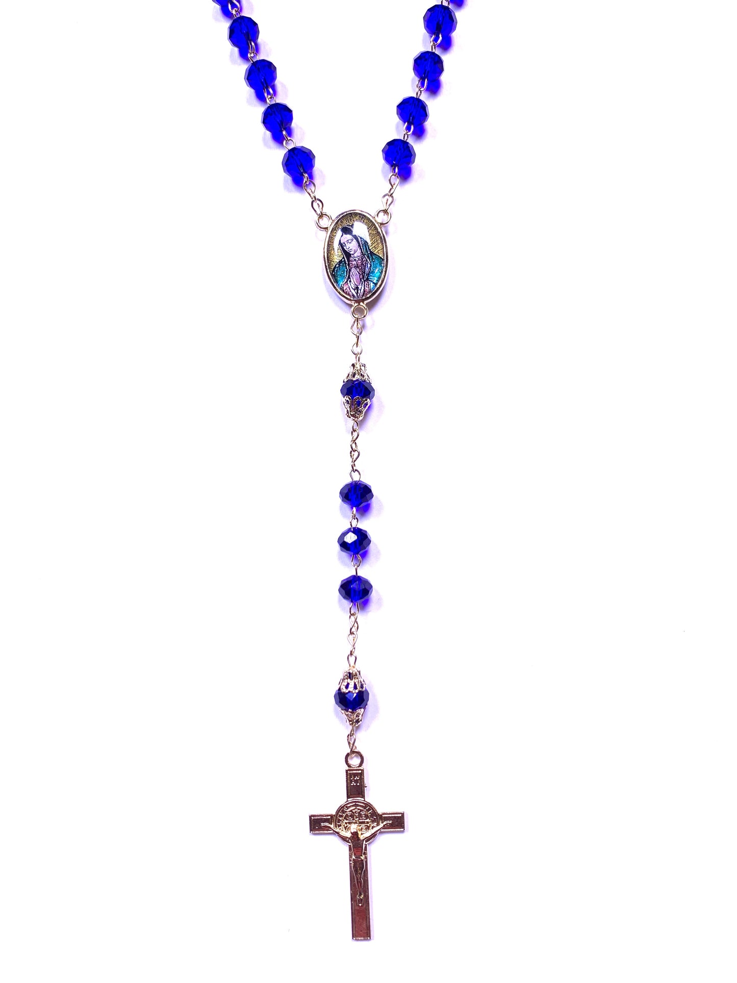 Rosario Piedra cristalina morada,medalla Virgen Guadalupe / cruz plateada