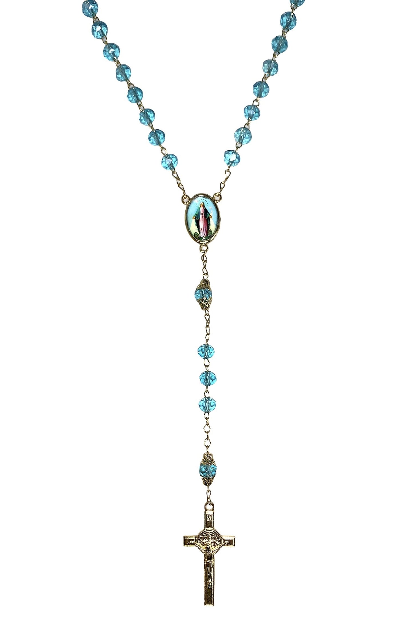 Rosario piedra cristalina con Medalla Milagrosa y Cruz de San Benito