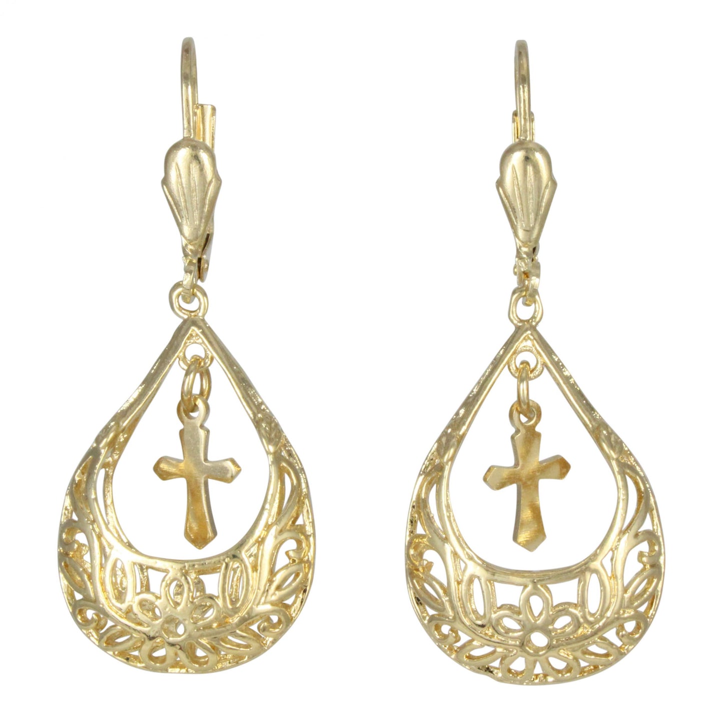 Aretes arracada con cruz en chapa de oro 14K