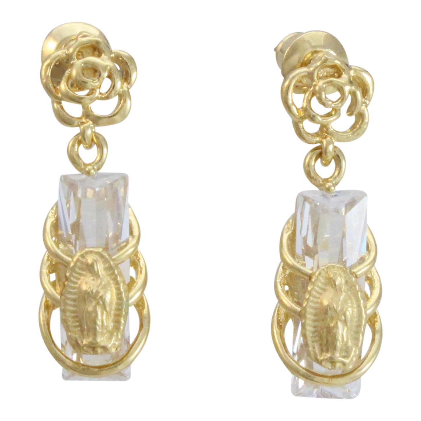 Aretes Virgen de Guadalupe de chapa de oro 14K