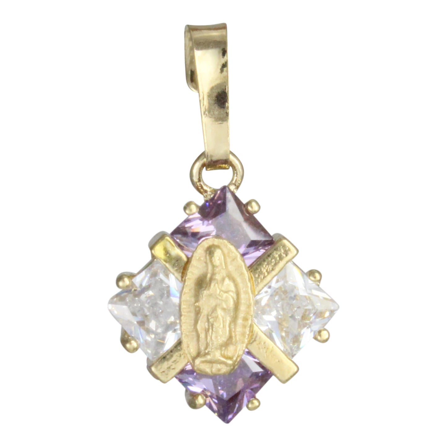 Dije Rombo de la Virgen de Guadalupe en chapa de oro 14K y cristal de Zircon