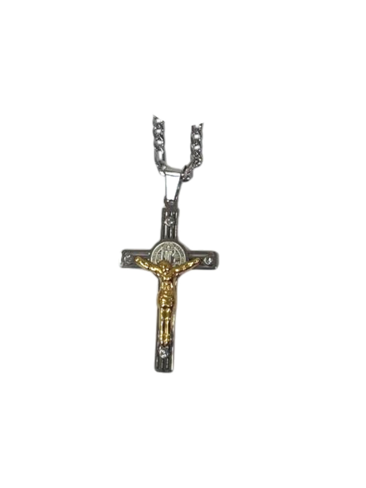 Crucifijo San Benito de acero inoxidable plateado y dorado