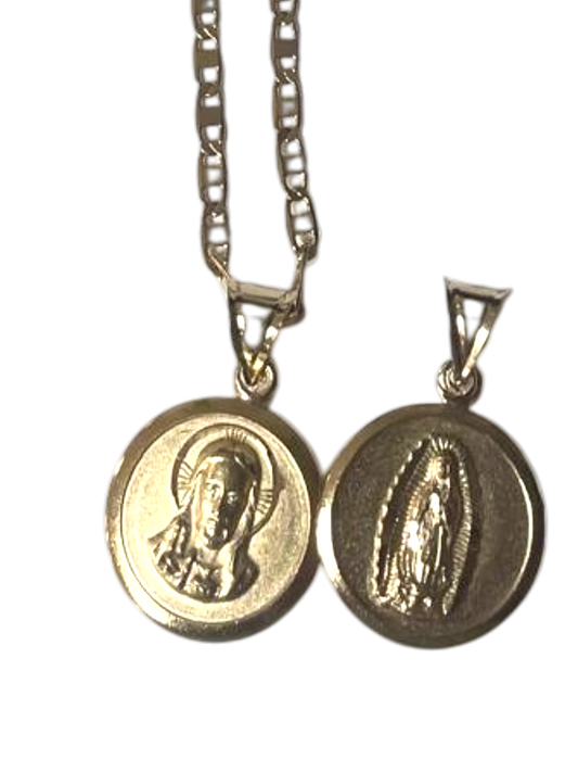 Dije de Sagrado corazón de Jesús y la Virgen de Guadalupe en chapa de oro