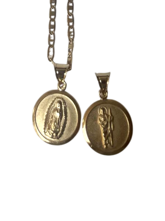 Dije de la Virgen de Guadalupe y San Judas en chapa de oro
