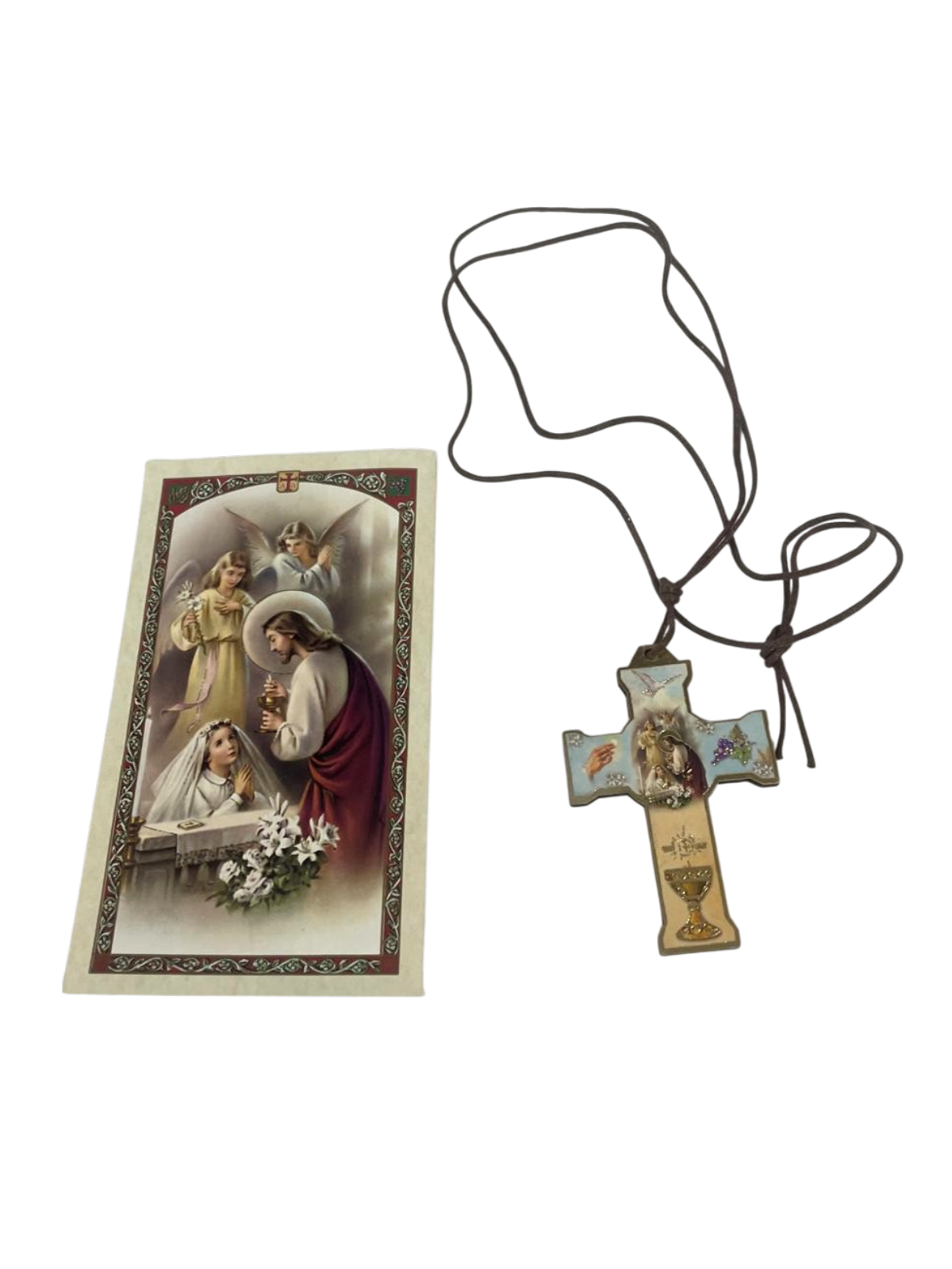 Estampa de oración con collar de comunión para niña