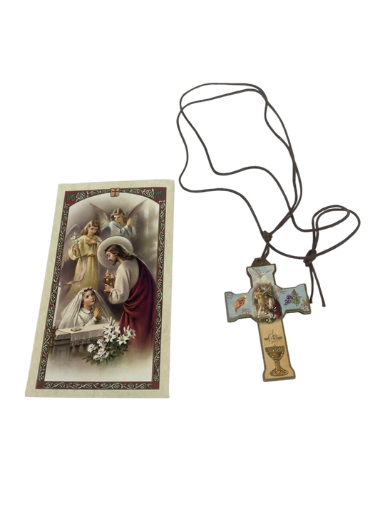 Estampa de oración con collar de comunión para niña