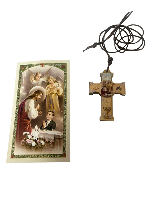 Estampa de oración con collar de comunión para niño