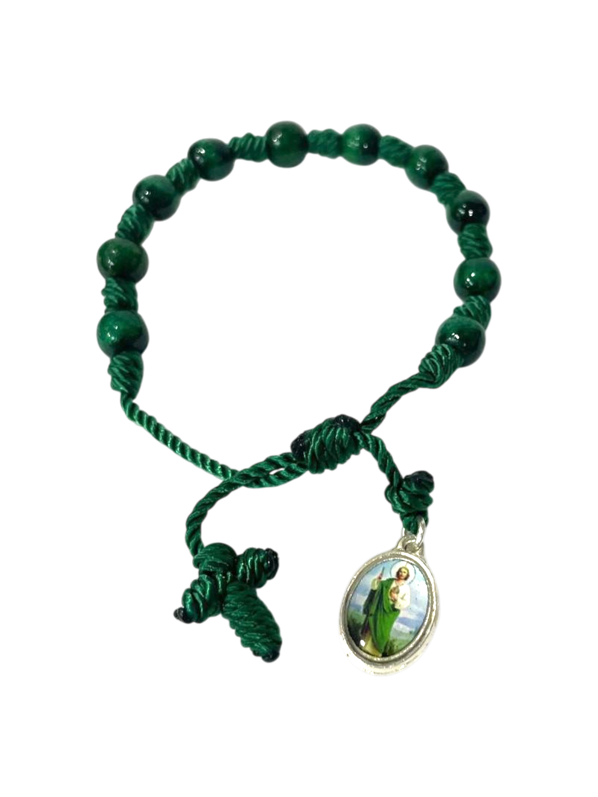 Pulsera San Judas verde de hilo con madera