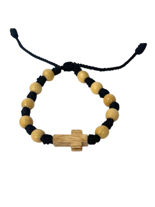 Pulsera rosario cruz de madera