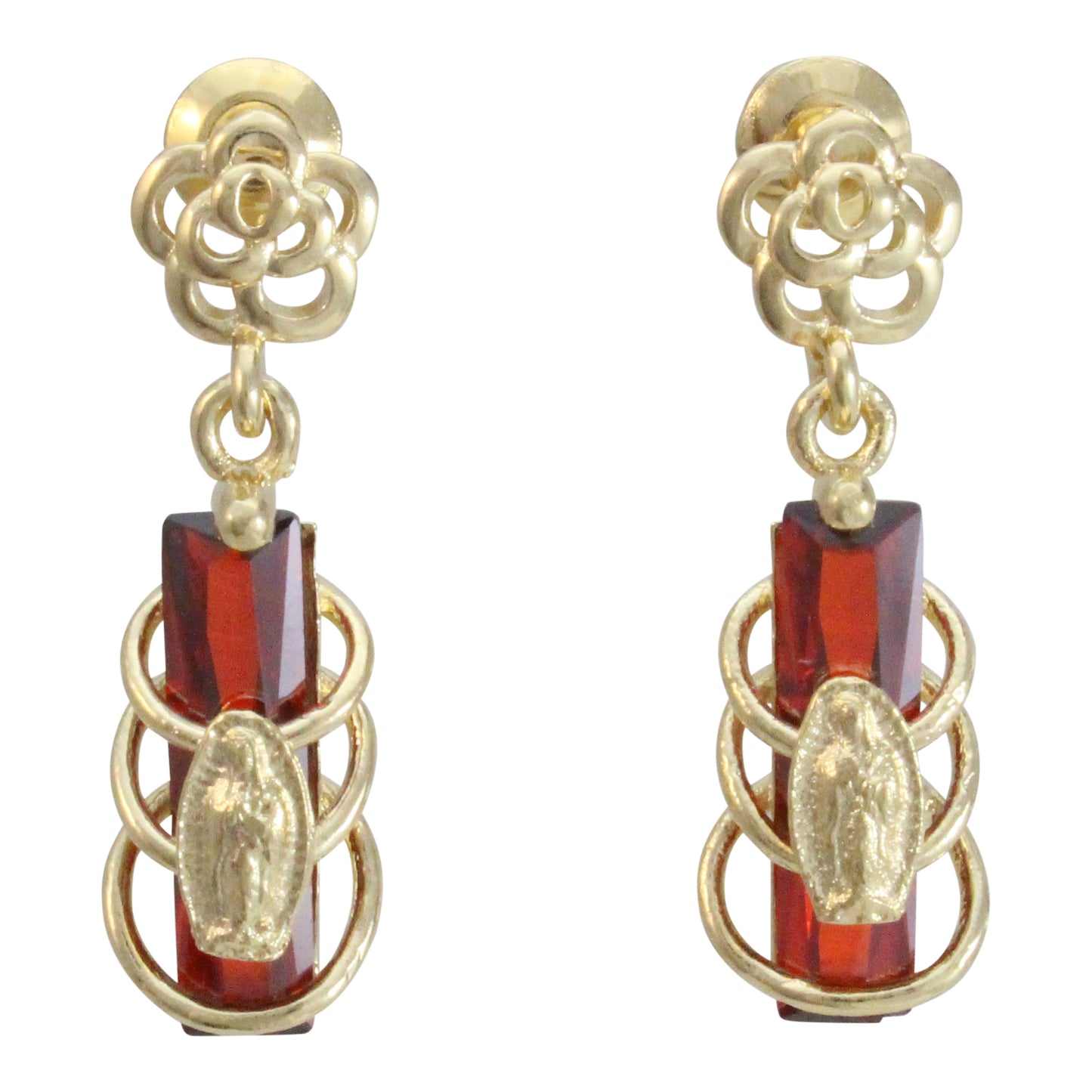 Aretes Virgen de Guadalupe trebol, chapa de oro 14K