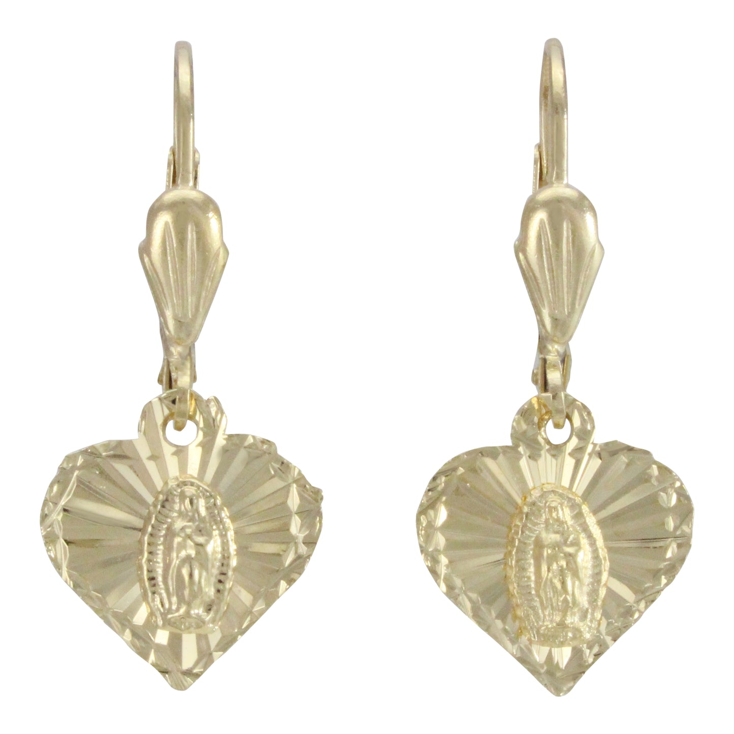 Aretes Virgen de Guadalupe corazón en chapa de oro 14K