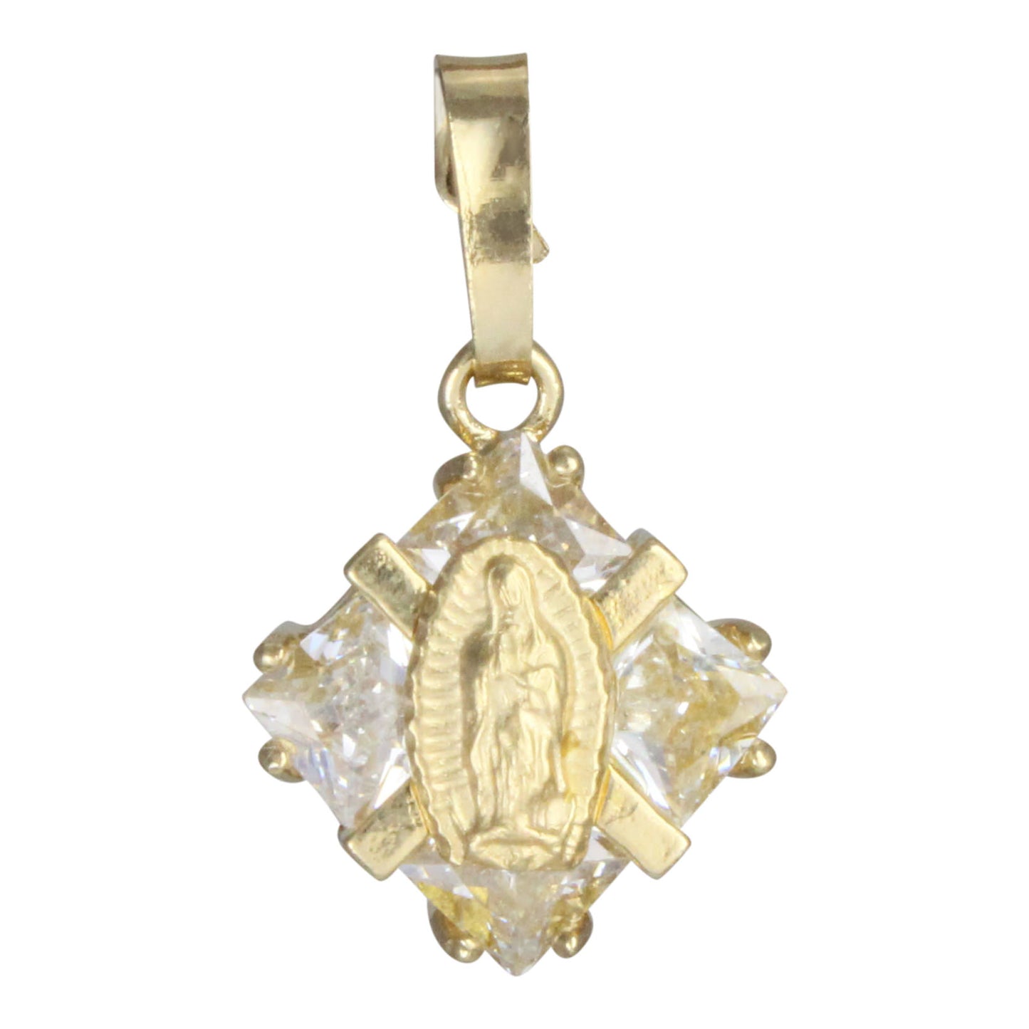 Dije Rombo de la Virgen de Guadalupe en chapa de oro 14K y cristal de Zircon