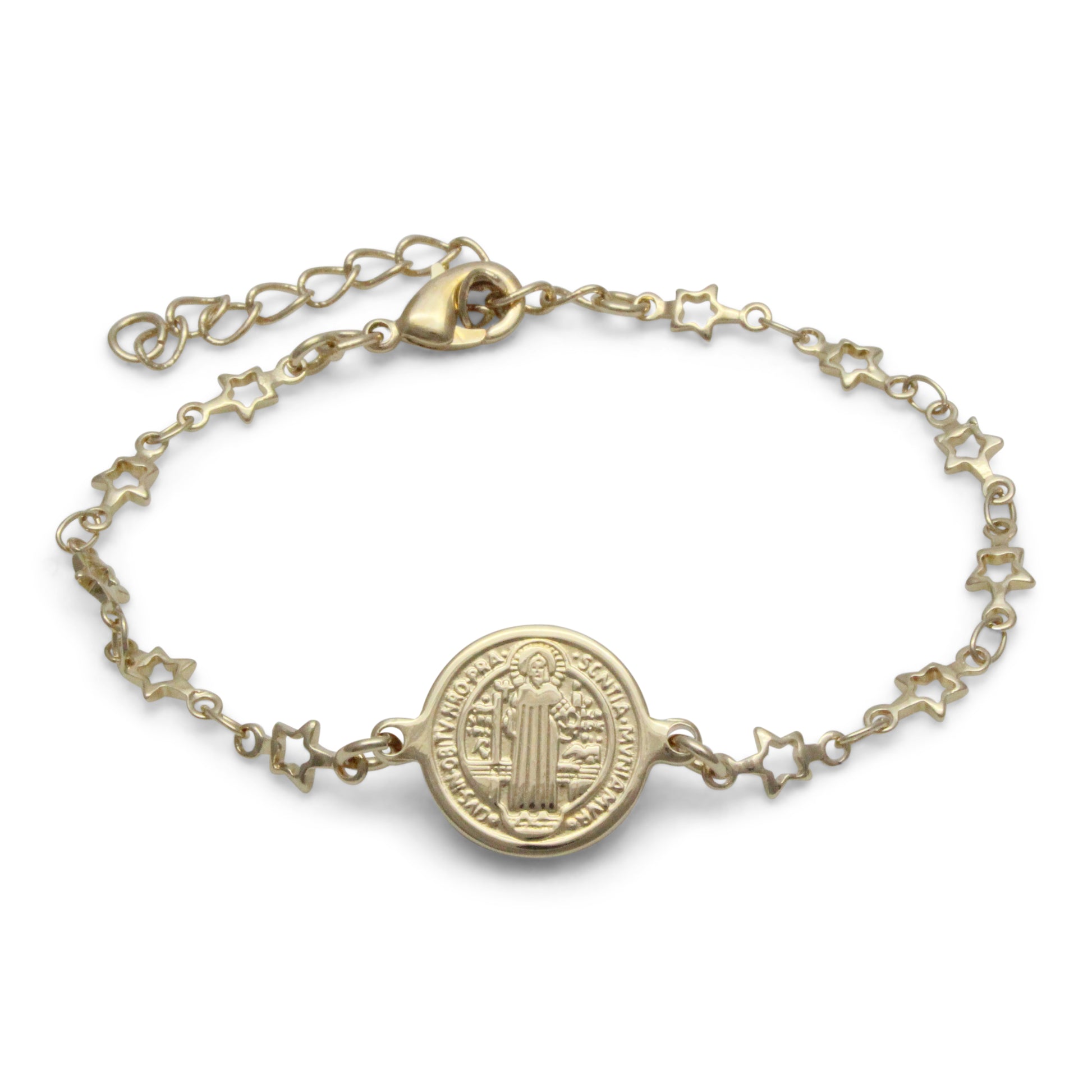 Pulsera estrella con medalla de San Benito, chapa de oro 14K