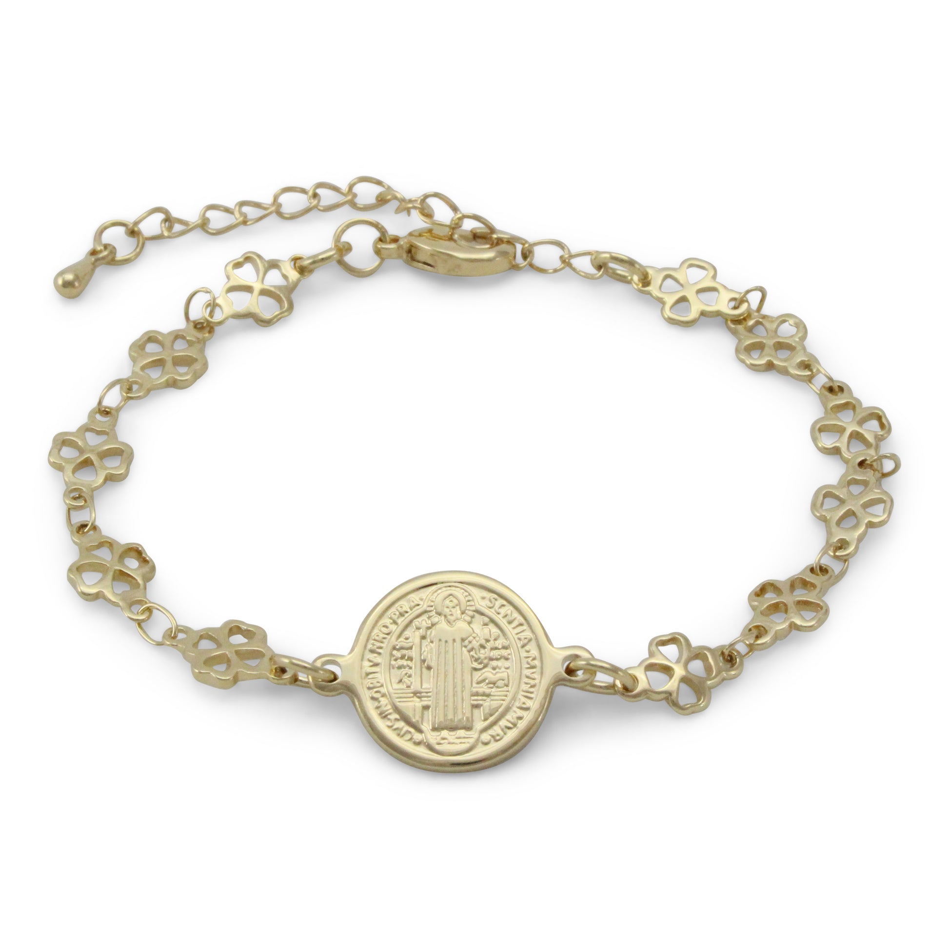 Pulsera trébol con medalla de San Benito, chapa de oro 14K