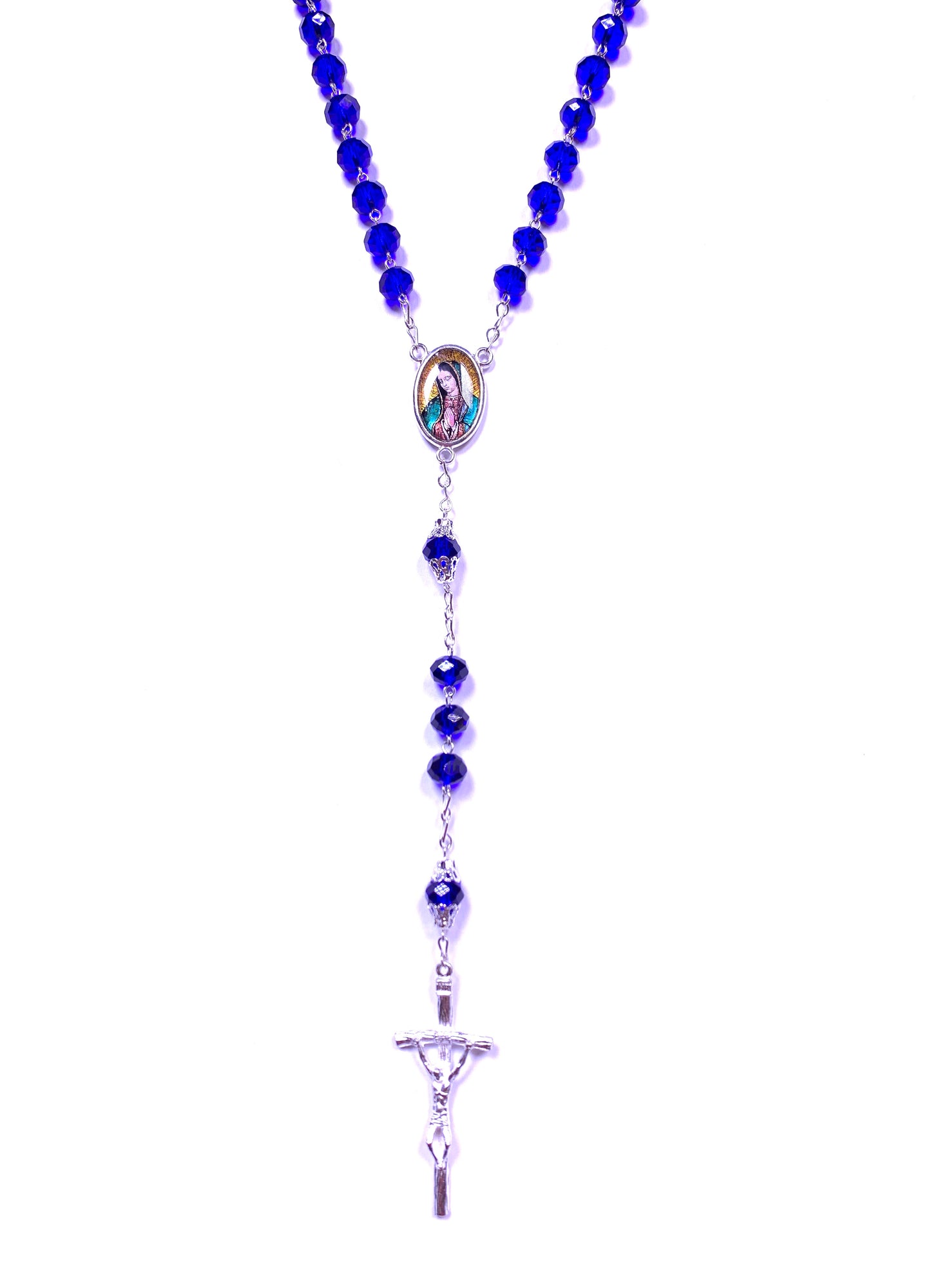 Rosario Piedra cristalina morada,medalla Virgen Guadalupe / cruz plateada