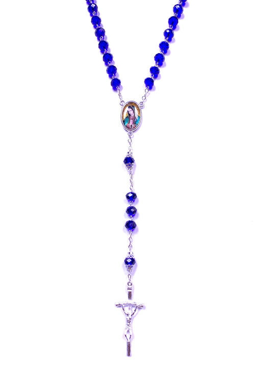Rosario Piedra cristalina morada,medalla Virgen Guadalupe / cruz plateada