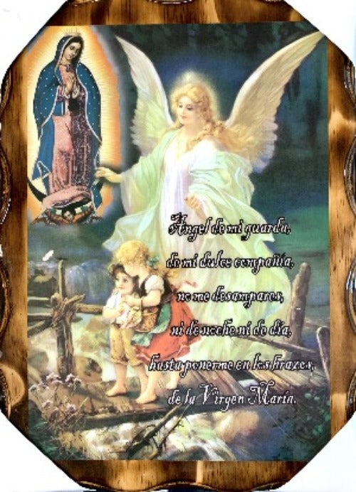 Cuadro liso Angel de la Guarda con Virgen de Gpe y oracion