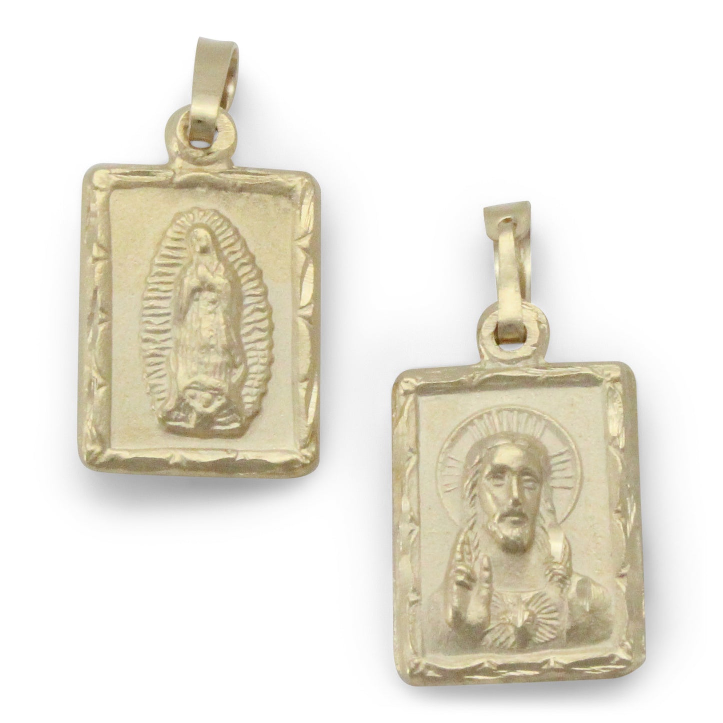 Medalla dual Sagrado Corazón de Jesús / Virgen de Guadalupe en chapa de oro 14K con cadena