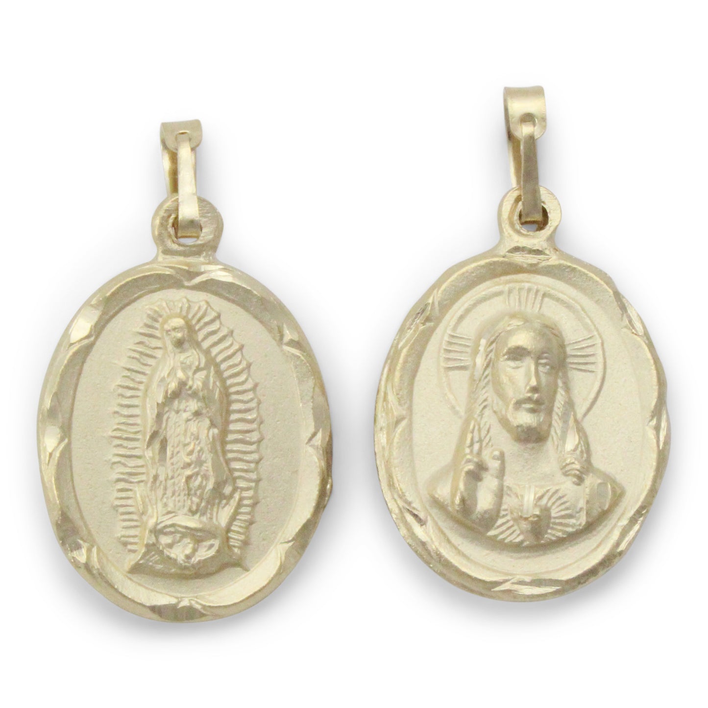 Medalla dual Sagrado Corazón de Jesús / Virgen de Guadalupe en chapa de oro 14K con cadena