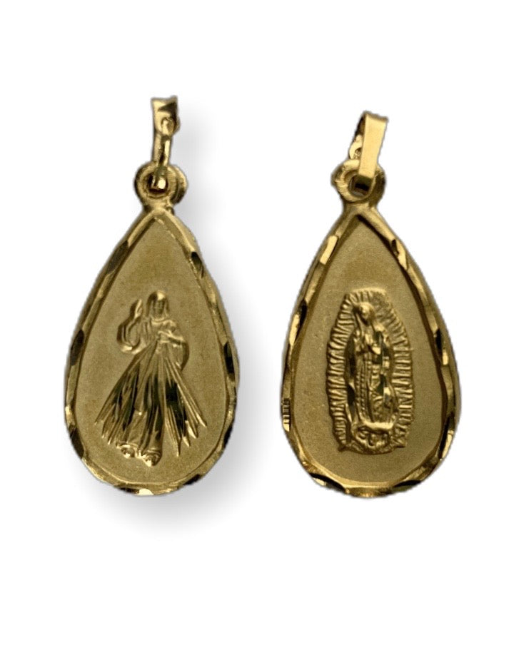 Medalla dual Virgen de Guadalupe y el Señor de la Misericordia en chapa de oro 14K - en forma de gota