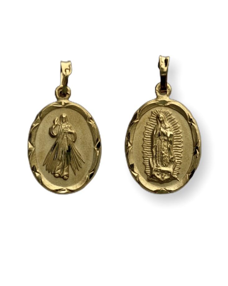 Medalla dual Virgen de Guadalupe y el Señor de la Misericordia en chapa de oro 14K - ovalada