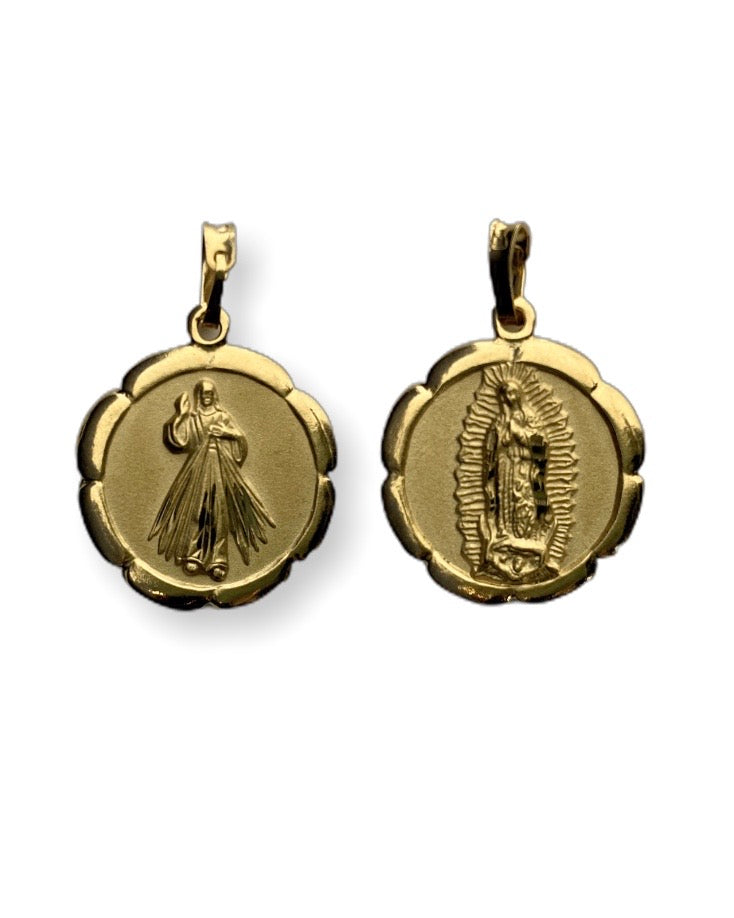 Medalla dual Virgen de Guadalupe y el Señor de la Misericordia en chapa de oro 14K - redonda