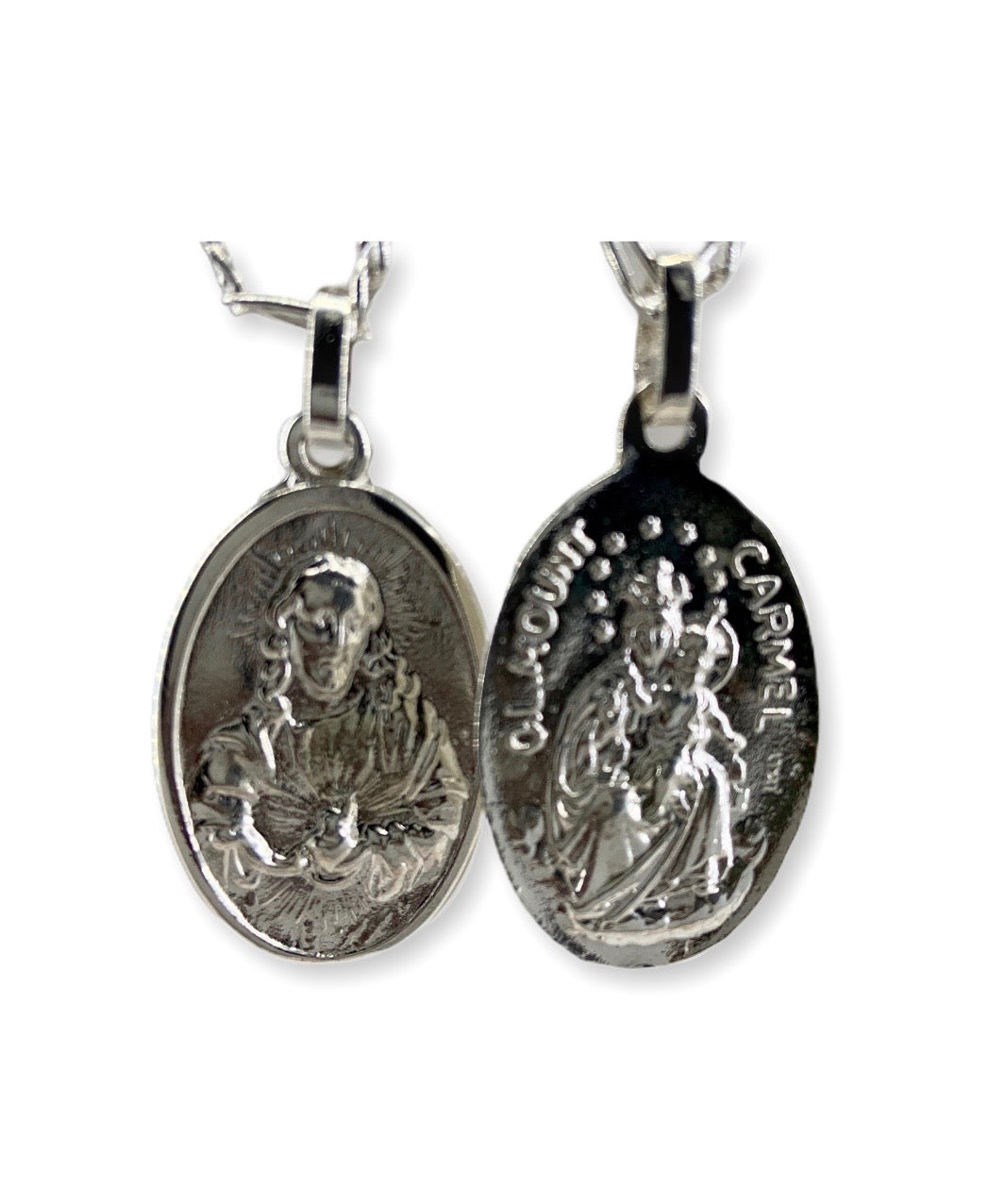 Medalla dual de Virgen del Carmen y Sagrado Corazón de Jesús en plata con cadena