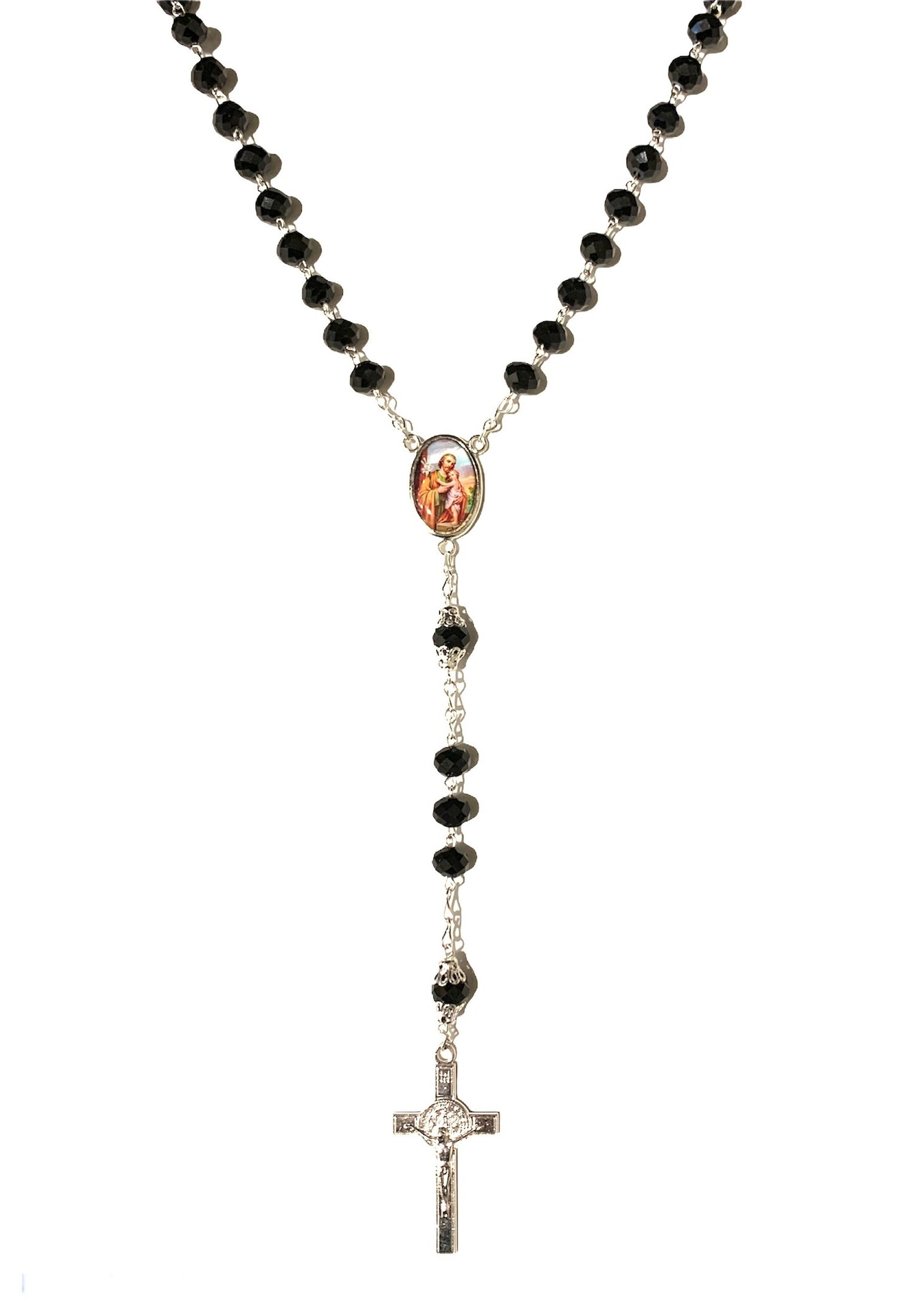 Rosario cristal negro con medalla San José